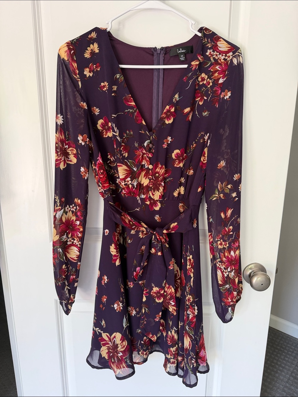 Lulu's Plum Floral Long-Sleeve Wrap Dress with Self Tie Size XS